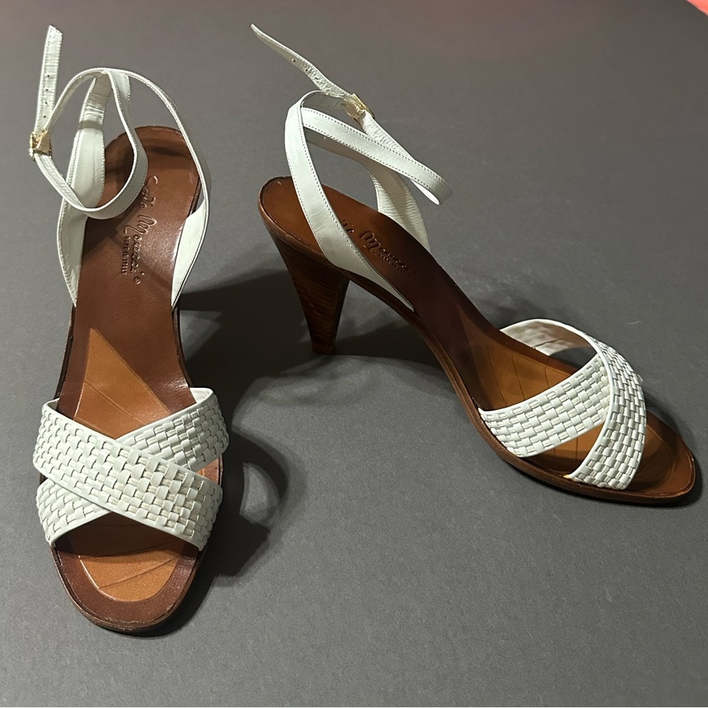 Sesto Meucci Leather Woven Criss Cross Heels Ankle Strap 8.5 White 4” Heel